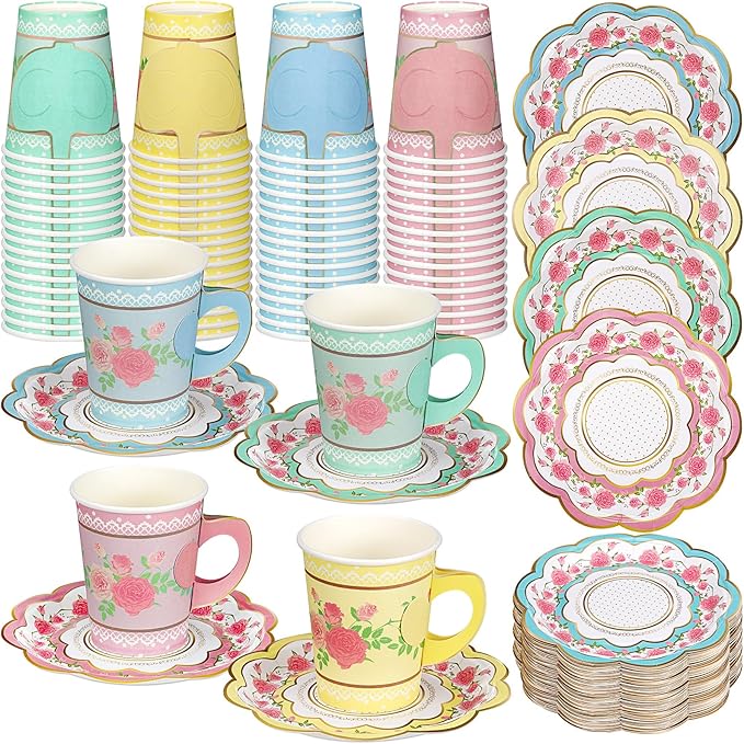 100 Sets Floral Paper Tea Cups and Saucers Disposable Paper Tea Party Supplies 9 oz Cups with Handle and Saucer for Birthday Wedding Party Decorations (Classic Style)