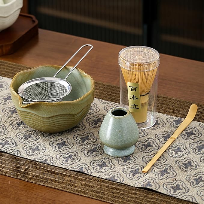 Matcha Bowl Set with Bamboo Whisk, Sifter & Scoop - Complete Ceramic Japanese Tea Ceremony Kit for Traditional Matcha Preparation (light turquoise green (with a textured finish))