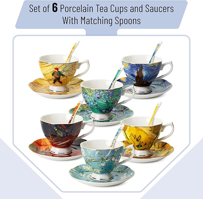 BTaT Porcelain Tea Cup Set - 6 Pieces, Includes Spoons