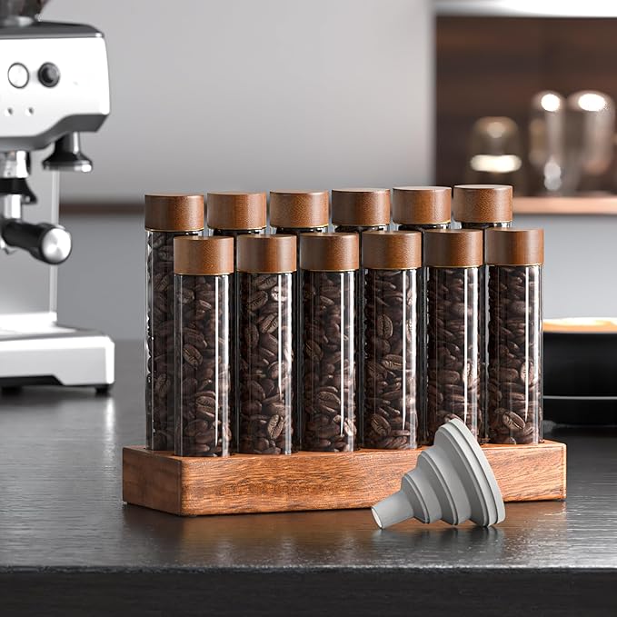 Coffee Bean Cellars with Stand & Hopper, Single Dose Coffee Bean Storage, 12 Pcs Espresso Bean Container with Wooden Holder, Dosing Glass Vials with Lids and Funnel for Coffee, Spices, Tea