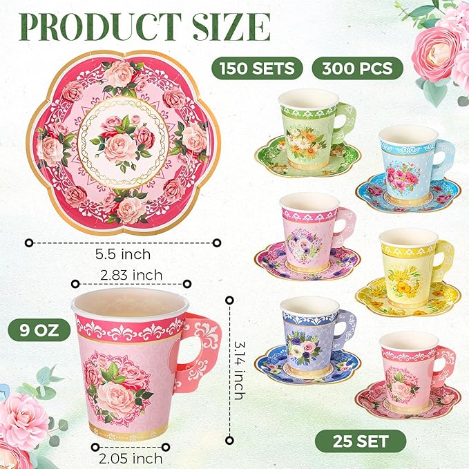 Nuogo 300Pcs Floral Paper Tea Cups and Saucers 9 OZ Disposable Tea Cup with Handle and Plates for Party Supplies Wedding Birthday Baby Shower Bridal Mother's Day, Serve 150 Guest(Fresh Color)