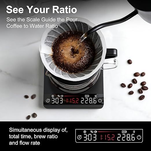 Coffee Scale, Mini Espresso Scale with Timer, Metal Kitchen Scale with Auto Timing, Ratios & Flow Rate Display, Barista-Grade for Pour-Over, Espresso, French Press – 2kg/0.1g, Black