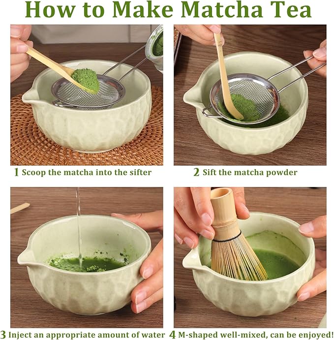 Matcha whisk Set,Japanese Matcha Set,Matcha Bowl with Spout,Matcha Whisk and Holder,Bamboo Scoop,Sifter - 6 Pcs Tea Set for Matcha Lover,Tea Ceremony(Green)