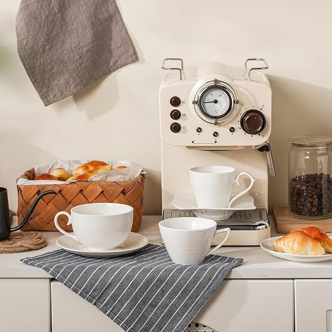 4pcs White Coffee Cups with Saucers, 10oz Ceramic Cappuccino Cups, Microwave & Dishwasher Safe, for Home, Cafe