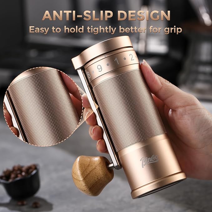 Bincoo Manual Coffee Grinder Manual Foldable Handle– Espresso Hand Coffee Grinder Burr,Compact and Portable for Home/Travel/Camping(Champagne)