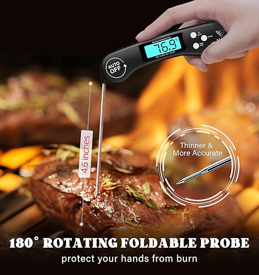 DOQAUS Digital Meat Thermometer, Instant Read Food Thermometer for Cooking with Backlit & Auto-Rotating Display, 4.6” Probe for Grilling, Baking, and Perfect BBQ - Black