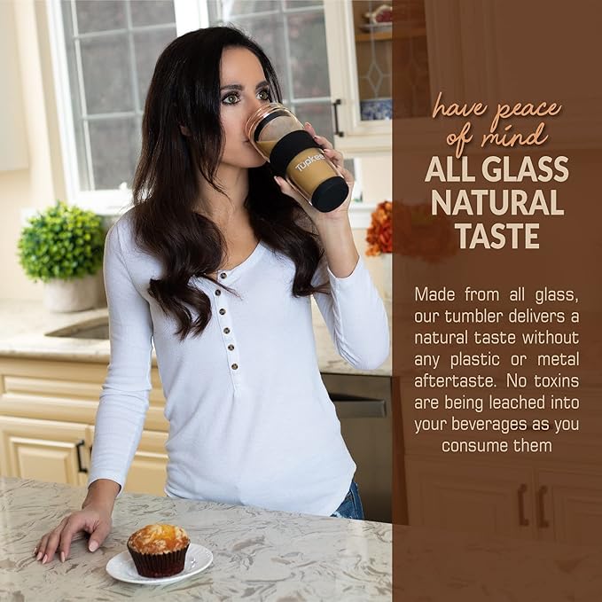 Tupkee Double Wall Glass Tumbler - 14-Ounce, All Glass Reusable Insulated Tea/Coffee Mug & Lid, Hand Blown Travel Mug - Black