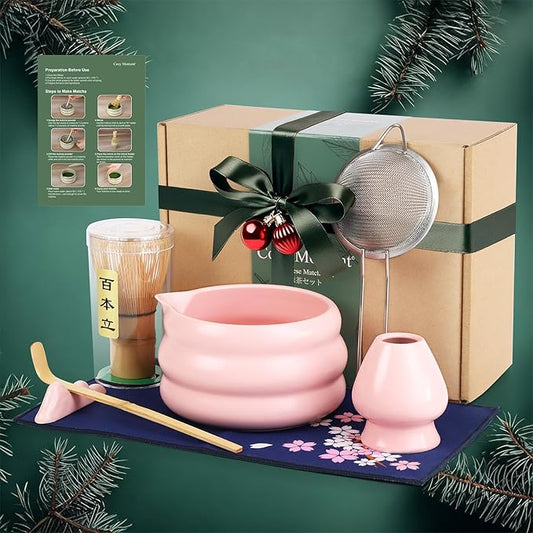Pink Matcha Whisk Set, Ceramic Matcha Kit Set Gift Present Includes Matcha Bowl, Matcha Whisk and Holder, Bamboo Scoop, Scoop Rest, Sifter and Tea Towel - 7 Pcs Matcha Kit for Matcha Lovers