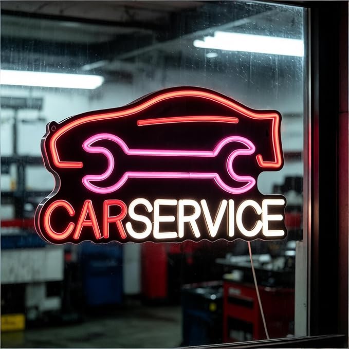 Car Service Neon Sign, Car Silhouette and Wrench Shapes Decorative Neon Light for Auto Shop Garage Workshop Man Cave Wall Table Automotive Themed Decor, USB Powered LED Light, 16.1 x 9.1 In by Brighten%E2%80%98Neonawall%E2%80%99NeonSign