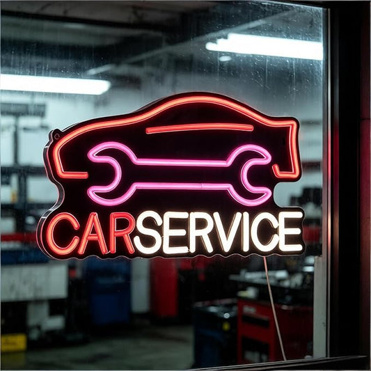 Car Service Neon Sign, Car Silhouette and Wrench Shapes Decorative Neon Light for Auto Shop Garage Workshop Man Cave Wall Table Automotive Themed Decor, USB Powered LED Light, 16.1 x 9.1 In by Brighten%E2%80%98Neonawall%E2%80%99NeonSign