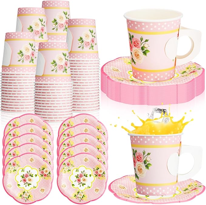 100 Pcs Tea Party Decorations Includes 50 7 oz Paper Tea Cups with Handle 50 Vintage Floral Plates Disposable Tea Cups and Saucers for Wedding Spring Party Birthday Hot Cold Drinks(Pink)