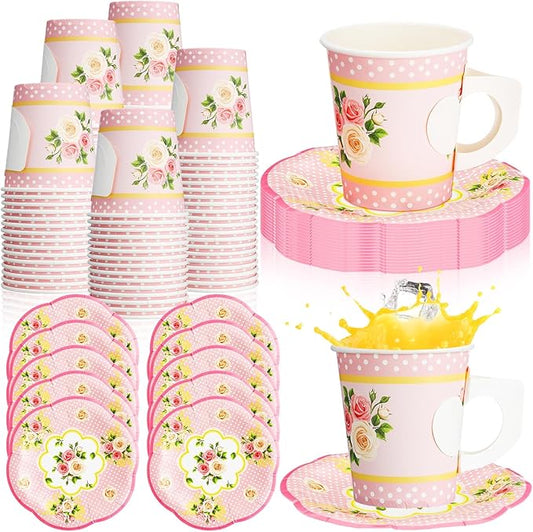 100 Pcs Tea Party Decorations Includes 50 7 oz Paper Tea Cups with Handle 50 Vintage Floral Plates Disposable Tea Cups and Saucers for Wedding Spring Party Birthday Hot Cold Drinks(Pink)