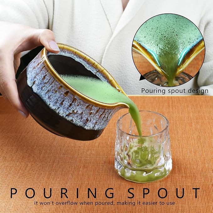Artcome Matcha Tool Set - Complete Kit with Matcha Bowl with Spout, Bamboo Whisk, Tea Scoop & Whisk Holder, Golden Glaz