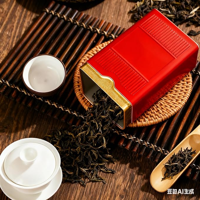 HAN SHENG Square Airtight Tea Tins - Red, Food Storage Containers for Loose Tea, Coffee, Spices (5.9"x3.4"x2.8")
