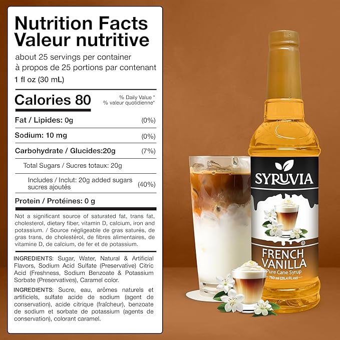 Syruvia Coffee Syrup, French Vanilla Flavored Syrup for Drinks, Lattes, and Desserts – 25.4 fl oz, With Pump