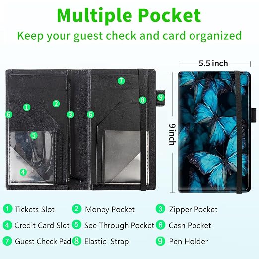 Server Books for Waitress with 11 Large Pockets, Waitstaff Server Order Pads, Leather Waitress Book Server Wallet with Elastic Band Fit Server Apron, Blue Butterflies - Image 3