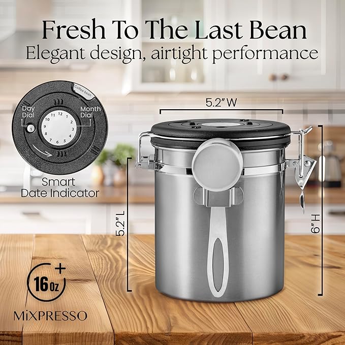 Mixpresso 16 Oz Stainless Steel Coffee Canister with Scoop – Airtight Coffee Container with CO2 Valve for Bean Storage, Date Tracker Lid