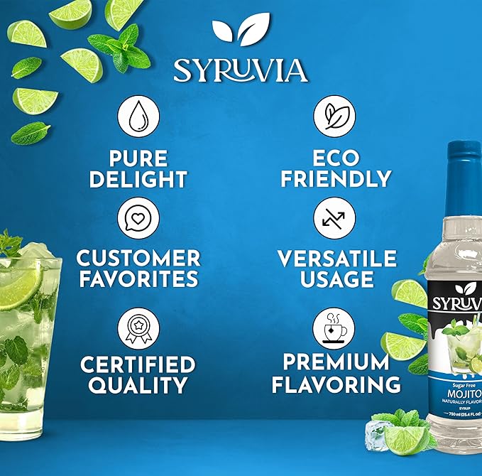 Syruvia Sugar-Free Mojito Syrup, Natural Flavors, Syrup for Drinks, Lattes, and Desserts – 25.4 fl oz