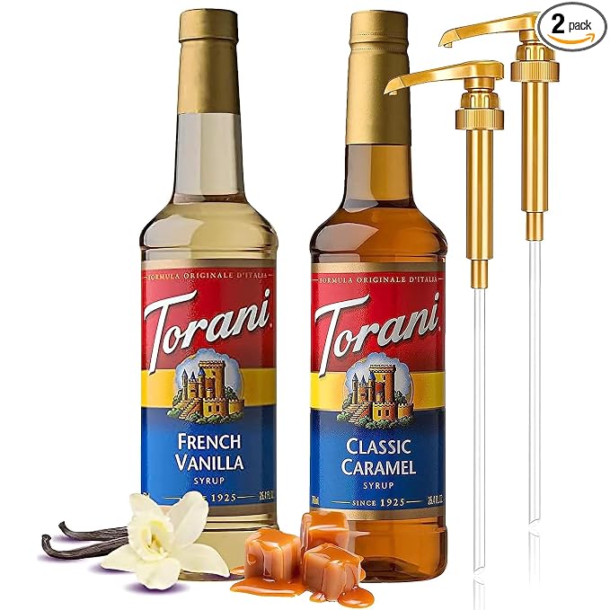 Jimoco Syrup Pump Dispenser with Torani Coffee Syrup Variety Pack - French Vanilla and Classic Caramel Syrup for Coffee with 2 Jimoco Syrup Pump Dispenser Compatible with Torani Syrup 25.4 oz Each by Torani