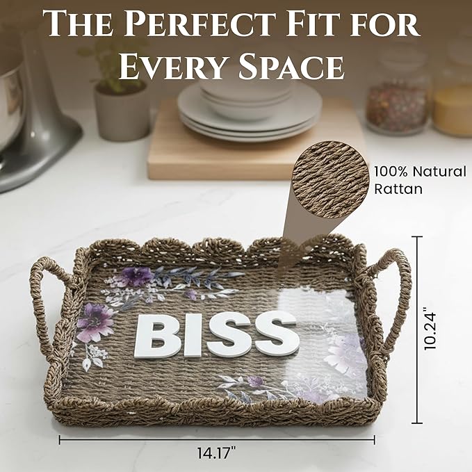 BISS Scalloped Rattan Serving Tray with Removable Floral Transparent Board – Natural Rattan Decorative Tray with Foldable Handles & Scalloped Edge – Wicker Woven Tray for Coffee Table, Dining