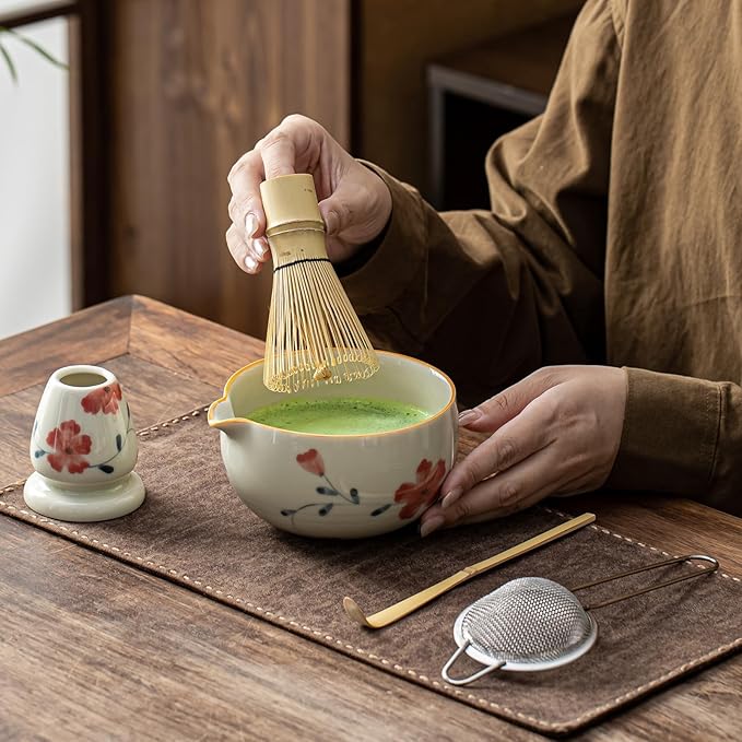 Matcha Set, Matcha Whisk Set Includes Hand-Drawn Matcha Bowl with Spout, Bamboo Whisk, Matcha Whisk Holder, Bamboo Scoop, Sifter - 5pcs Perfect Matcha Kit for Matcha Tea Ceremony