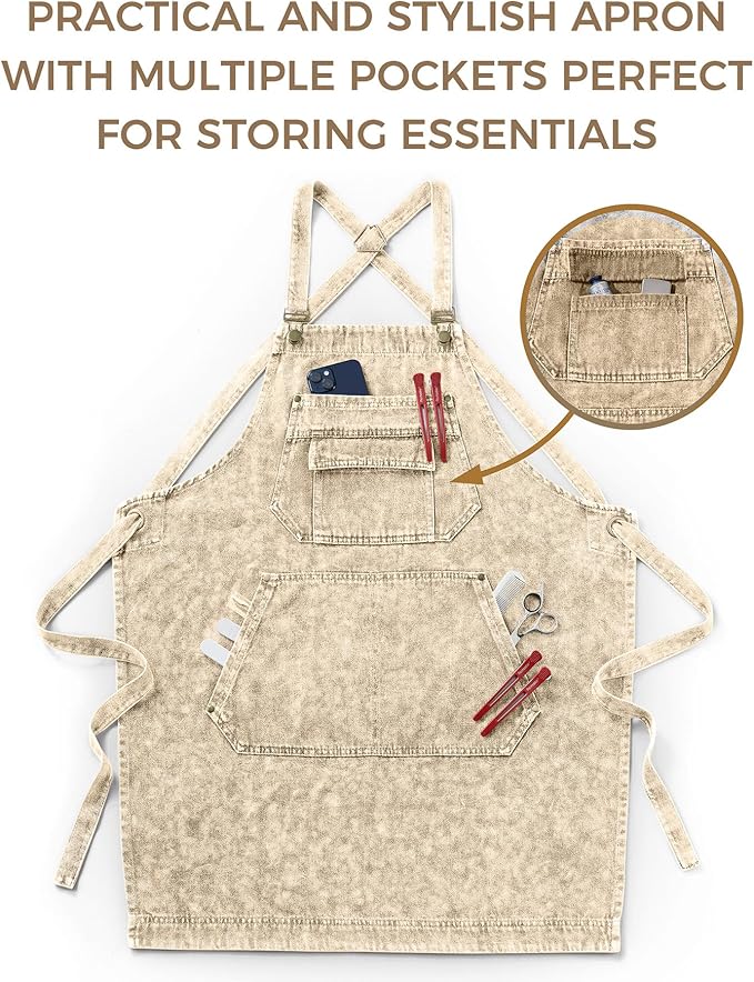 Denim Apron with Pockets for Hair Stylist Gardening Craftsmen Barista Women Hairdresser Jean Work Apron Cross Straps
