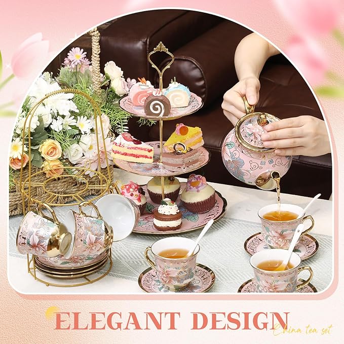21 Pcs Ceramic Teapot Set Vintage Porcelain Tea Cups with Metal Holder and High Tier Cupcake Stand Saucers for Women Girls Farmhouse European Weddings Party Decor Gifts(Pink,Spring)
