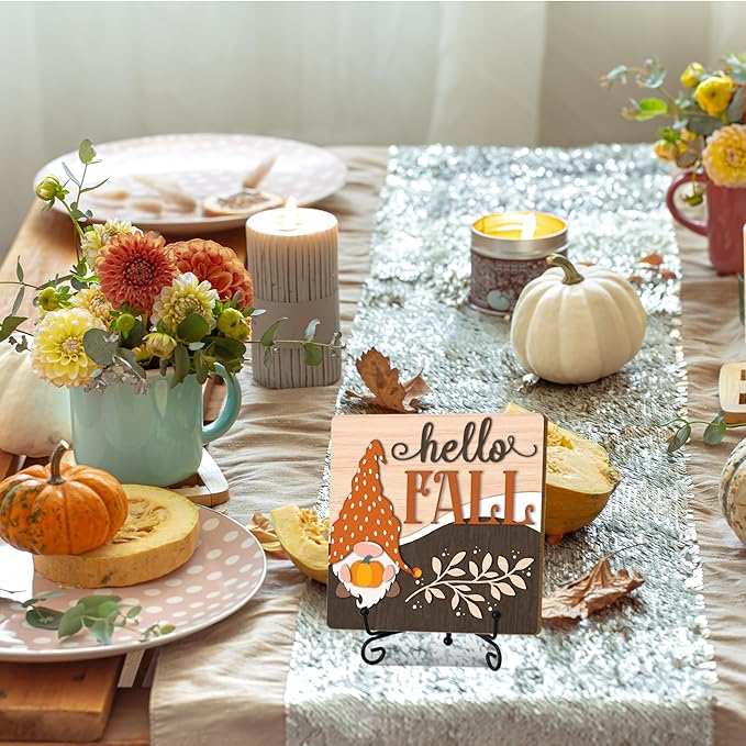Hello Fall Home Decor Indoor, Autumn Gnome Thanksgiving Table Decor, 5"x5" Wood Plaque Gifts with Stand for Farmhouse Living Room Bathroom Kitchen Decoration -A03