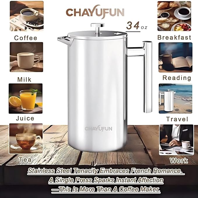 Premium Stainless Steel French Press Coffee Maker (5 Pack Filter)- 34oz/1L Thermal Insulated, 304 Rust-Proof Metal Press - Heat-Resistant Ergonomic Handle BPA Free(Dishwasher Safe)