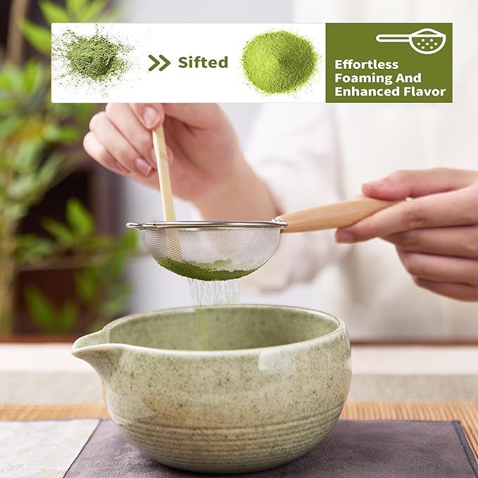 Matcha Whisk Set，9-Piece Traditional Matcha Kit in Giftbox, Bamboo Whisk Ceramic Matcha Bowl Matcha Kit for Ceremony, Making Tools for Tea Ceremony (Matcha Green)