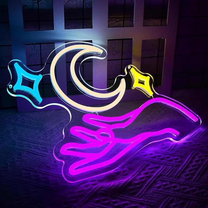 Moon Neon Signs for Wall Decor Star Neon Sign Hand LED Light Moon Wall Decor for Girls Bedroom Dimmable Purple Preppy Room Decorr Girly Decorations Gifts for Women Girls Size 13.8 * 12.6in(P034)