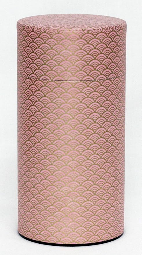 Washi Paper Tea Tin Canister: Long 7oz (200g) Baby Pink Waves with Gold Outlines (#90), Japan