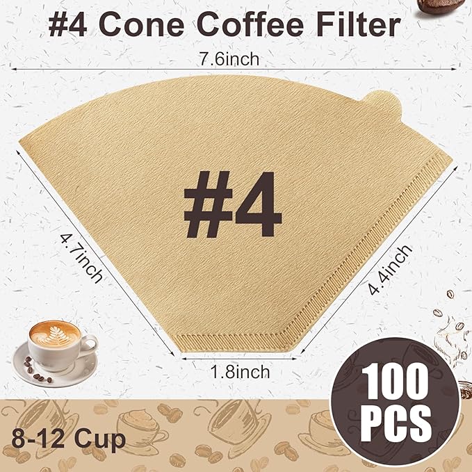 Coffee Filters #4, Unbleached Natural Coffee Filters 8-12 Cup, Disposable Coffee Filters, 4 Cone Paper Compatible with Ninja Coffee Maker, Pour Over and Drip Coffee Maker, 100 Count