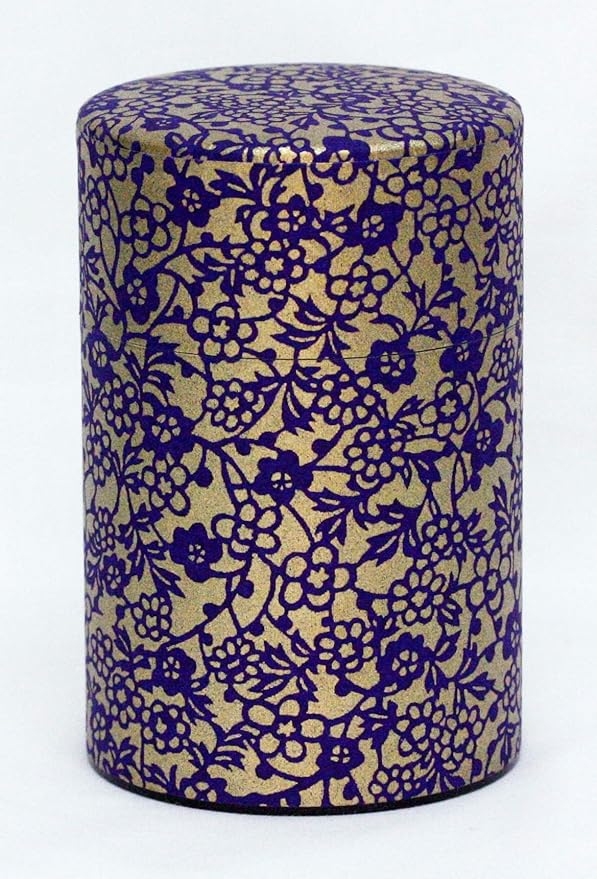 Washi Paper Tea Tin Canister: Long 5.3oz (150g) Purple Flower & Ivy (#80), Japan