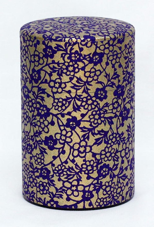 Washi Paper Tea Tin Canister: Long 5.3oz (150g) Purple Flower & Ivy (#80), Japan