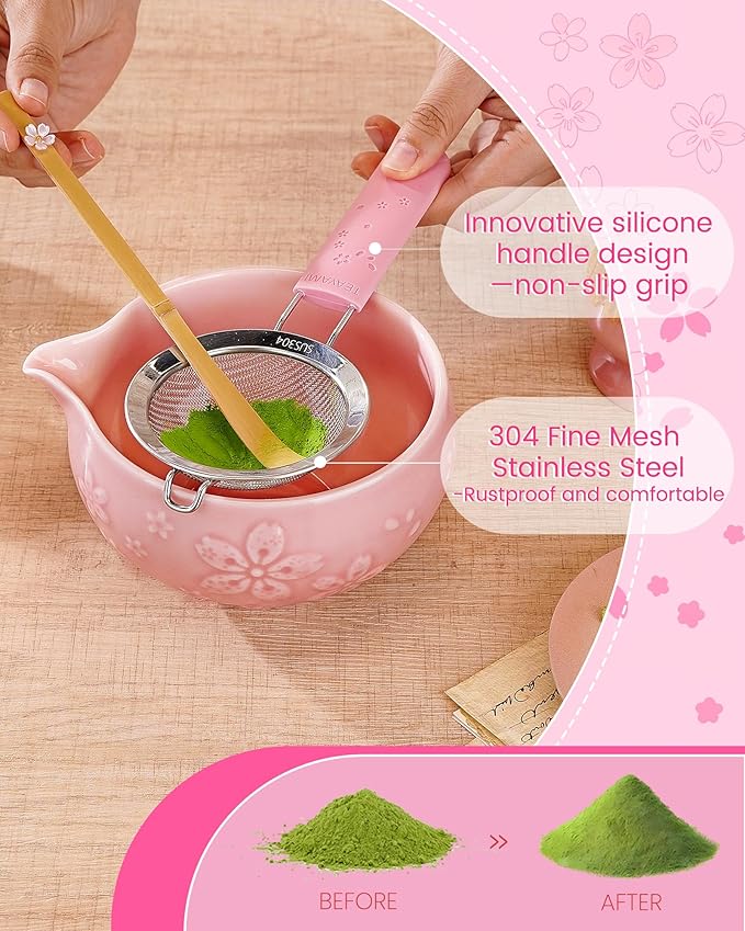 Matcha Whisk Set, 6pcs Matcha Kit Includes Matcha Bowl with Spout, Bamboo Whisk & Scoop with Cute Charm, Chasen Holder, Innovative Sifter, Tea Mat for Latte Making, Pink