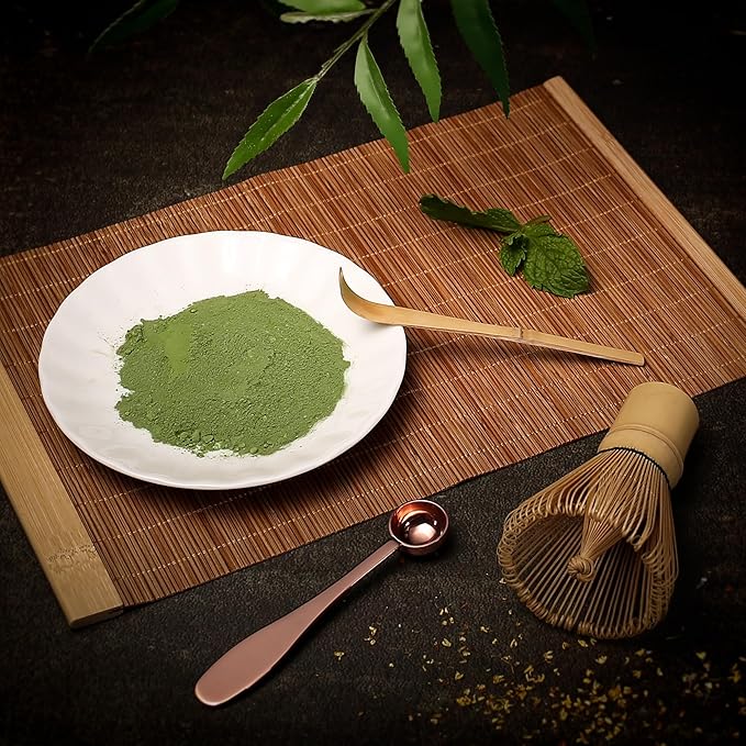 Modern Matcha Whisk Set - Bamboo Chasen - Rose Golden Stainless Steel Spoon - Bamboo Chashaku (Scoop) - Perfect Matcha Kit for Matcha at home (Whisk and stainless steel spoons and chashaku)