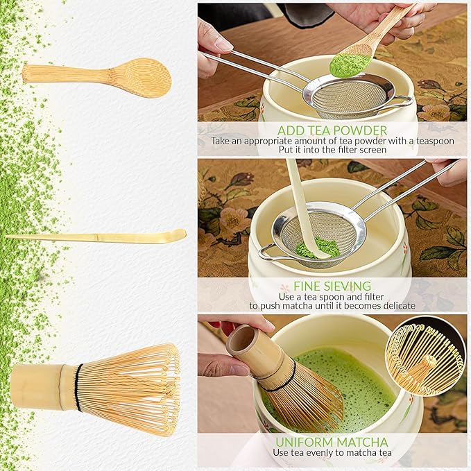 Traditional Japanese Matcha Tea Whisk Set, 4 Piece Bamboo Ceremonial Kit with Ceramic Holder (Four-leaf clover blue)