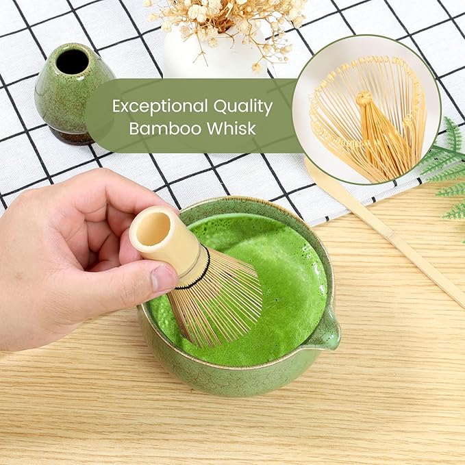 4Pcs Matcha Whisk Set Elegant Japanese Matcha Tea Set Matcha Making Kit with 500ml Ceramic Matcha Bowl Matcha Whisk Holder Bamboo Matcha Whisk and Matcha Scoop for Tea Lovers (Green)