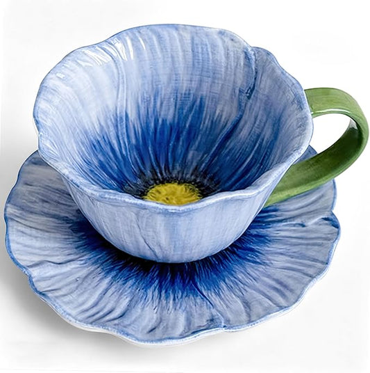 JUSONEY 10 oz Tea Cups and Saucers, Ceramic Flower-shaped Cappuccino Cup, Latte Cup and Saucer set, elegant floral Espresso Cup set, cups are microwave and dishwasher safe-Blue