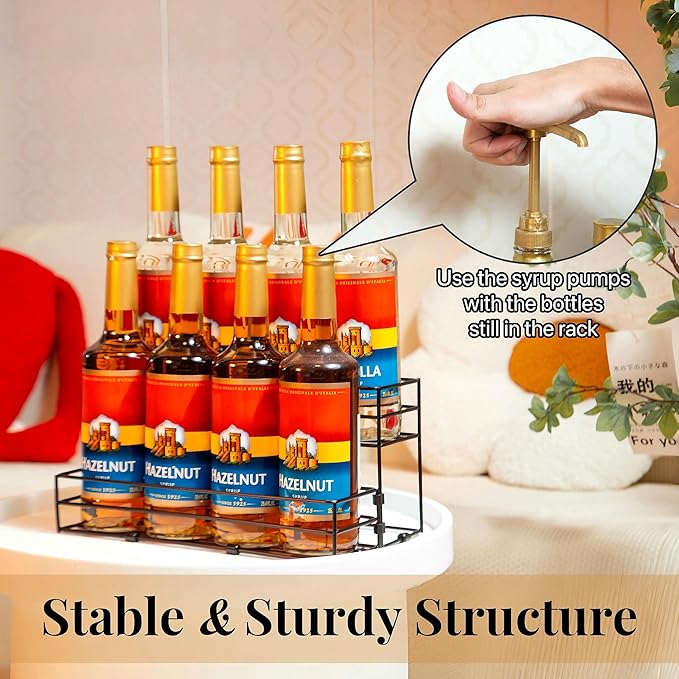 8 Bottles Coffee Syrup Rack Organizer, Coffee Syrup Stand Holder, 2 Tier Coffee Syrup Organizer for Coffee Bar Station, Wine Rack for Countertop, Bottle Display Shelf for Cocktail, Dressing