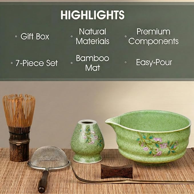 7-Piece Matcha Set with Ceramic Matcha Bowl, Bamboo Whisk (Chasen) & Holder, Sifter, Tea Scoop & Rest, Special Bamboo Tea Mat - Perfect Matcha Kit for Matcha Lovers & Gift Giving, Green