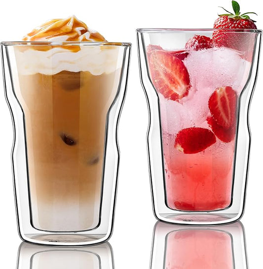 Joeyan Double Wall Insulated Glass Tumbler, 16.9oz Tall Dinking Glasses Set of 2, Lager Highball Glass Cups for Beer, Lemonade, Iced Tea, Tropical Drink, Cocktail, Smoothie, Mojito and Mixed Drinks