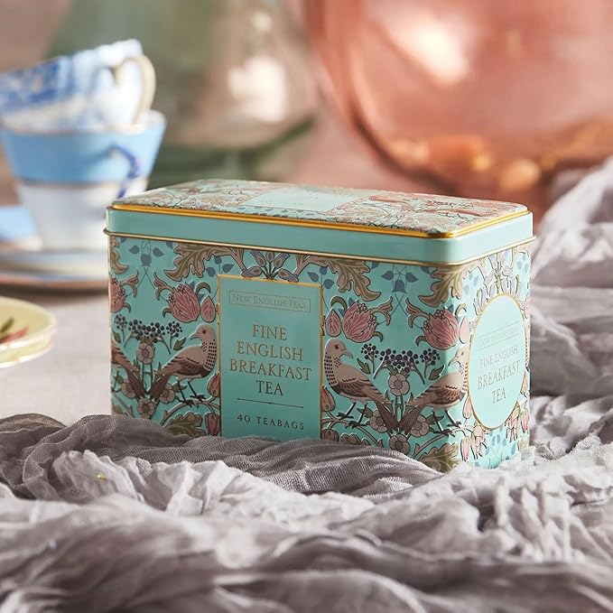 New English Teas Song Thrush and Berries Tea Tin in Green with 40 English Breakfast Teabags