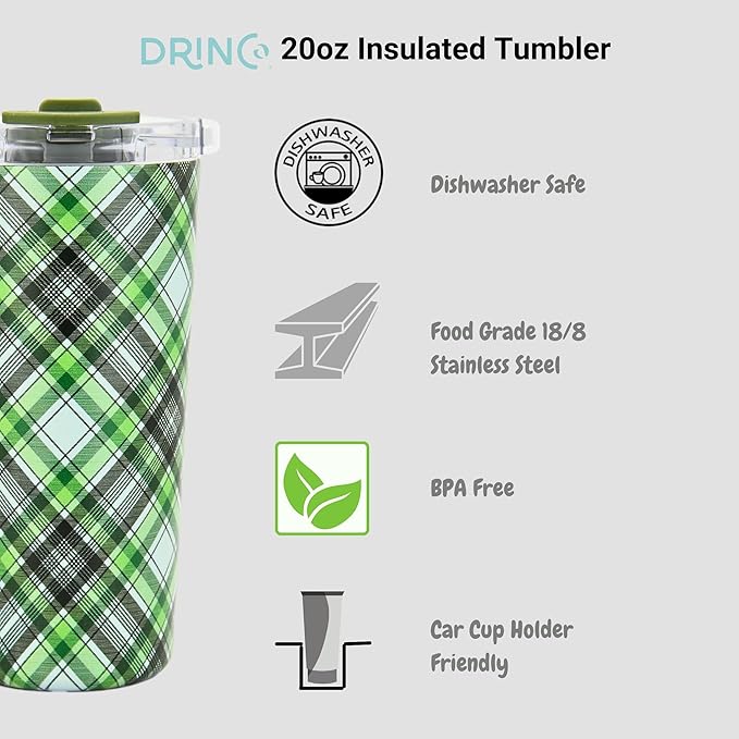 Drinco - 20 oz Stainless Steel Tumbler | Double Walled Vacuum Insulated Mug With Lid, 2 Straws, For Hot & Cold Drinks (20oz Ireland Plaid)