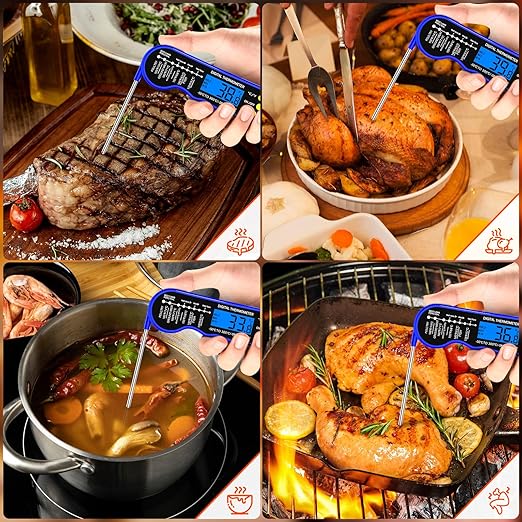 Instant Read Meat Thermometer, Fast & Accurate Digital Food Thermometer with Backlight, Waterproof & Magnet for Grilling, Cooking, BBQ, Smoker, Baking, and Candy Making Blue