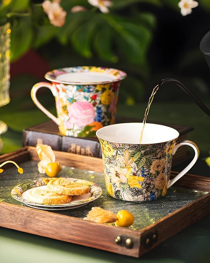 15oz Ceramic Coffee Mug – French Vintage Garden Style Cup with Multicolor Floral Design & Gold Rim, Artistic Pottery Gift Mug for Women