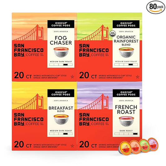 San Francisco Bay Compostable Coffee Pods - Original Variety Pack (80 Ct) K Cup Compatible including Keurig 2.0, French, Breakfast, Fog, Organic Rainforest