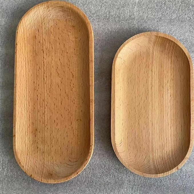 Mini Serving Tray for Jewellery Key Coin Set of 2, Oval Wood Natural Dessert Cup Tray, Small Wooden Cheese Plate, Tableware Decorative Tray