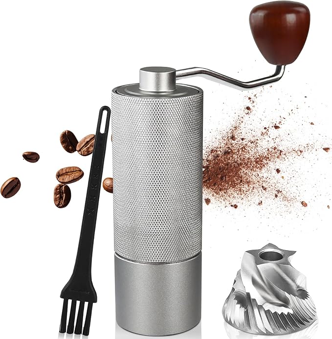 Non-Detachable Manual Coffee Grinder with 25 Level Stainless Steel Conical Burr Portable Aluminum Coffee Bean Grinder Suitable for Moka Pot Espresso French Press Pour Over Easy Cleaning with Brush